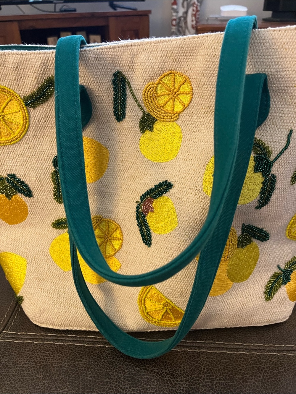 Embroidered Beaded Lemon Canvas Tote Bag